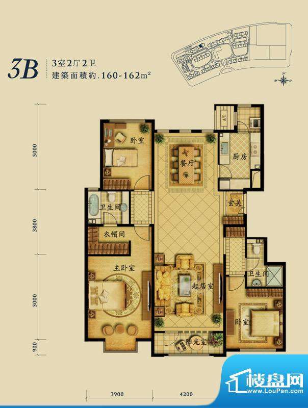 融科钧廷3B户型 3室2厅2卫1厨面积:160.00平米