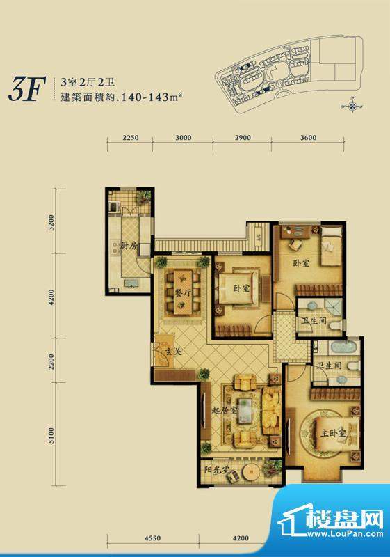 融科钧廷3F户型 3室2厅2卫1厨面积:140.00平米