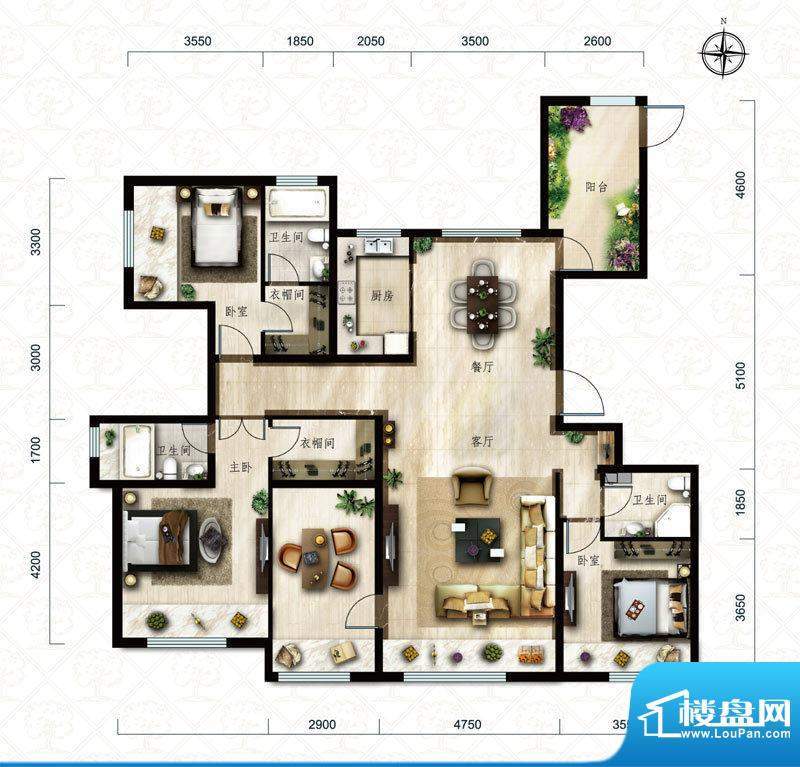 保利中央公园D3户型 4室2厅2卫面积:178.00平米