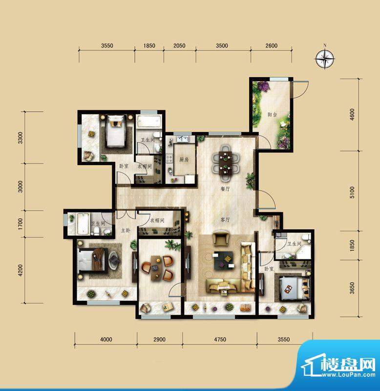 保利中央公园D3户型 4室2厅3卫面积:175.00平米