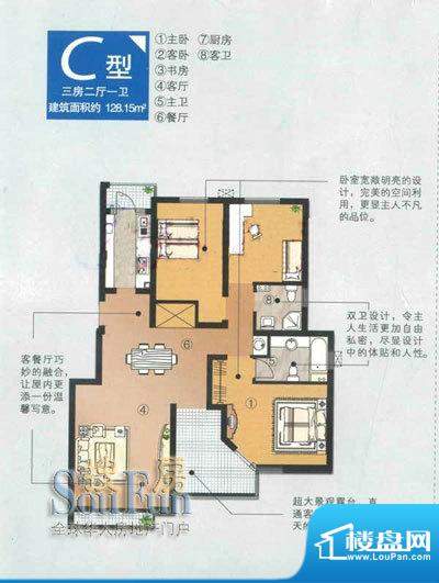 现代华庭II期C户型 3室2厅1卫1面积:128.15平米