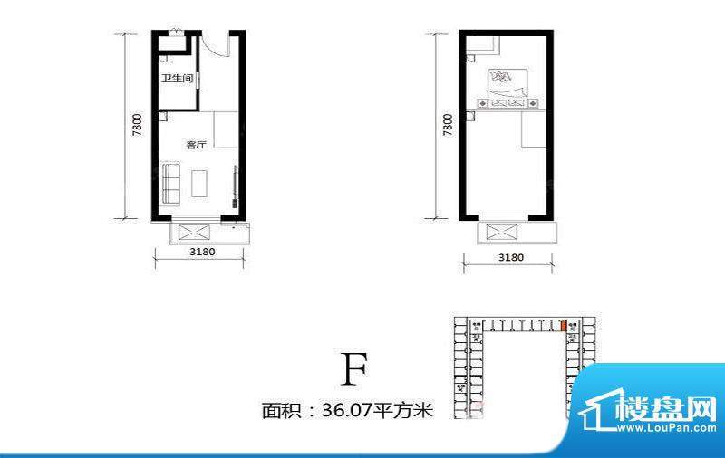 北京城建·N次方21#综合楼F户型面积:36.07平米