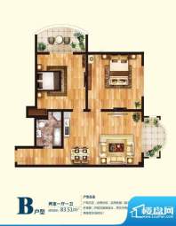 观澜国际公寓B户型图 2室1厅1卫面积:83.51平米