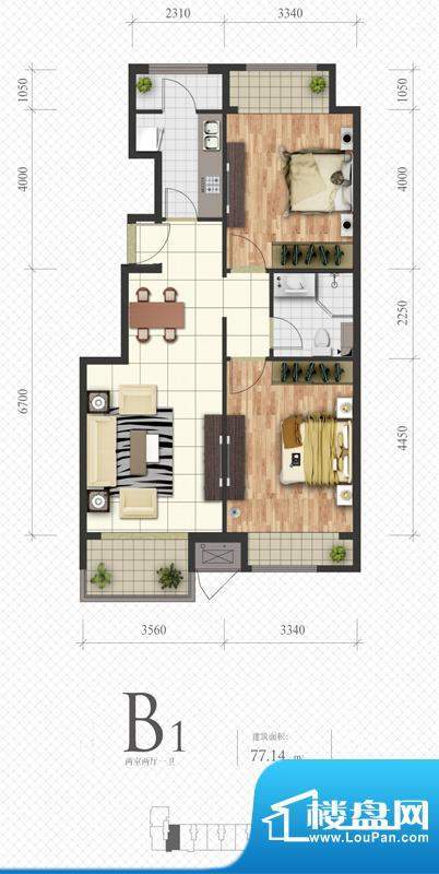 芭蕾雨·悦都B1户型图 2室2厅1面积:77.14平米