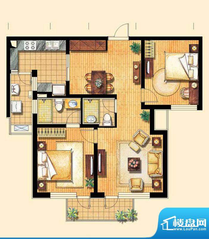 上海香溢花城1#B户型 2室2厅1卫面积:124.00平米
