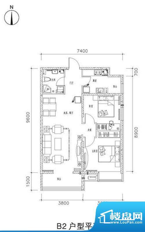 中兴和园B2户型 2室2厅1卫1厨面积:93.43平米