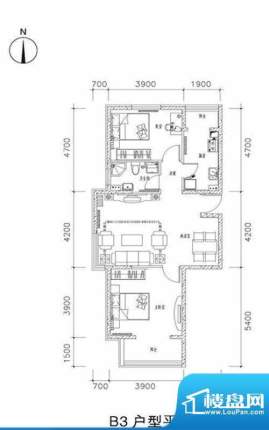 中兴和园B3户型 2室2厅1卫1厨面积:90.04平米