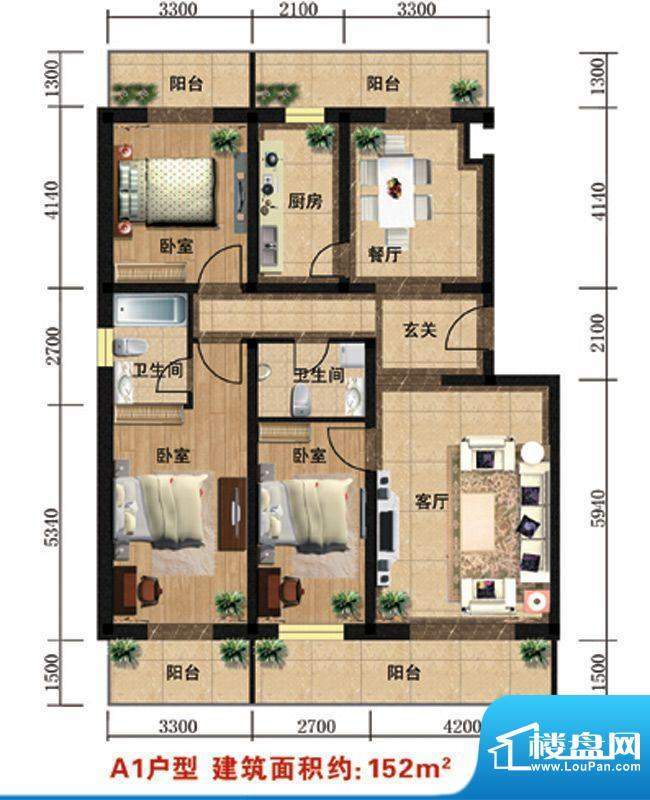 众智慧谷A1户型 3室2厅2卫1厨面积:152.00平米
