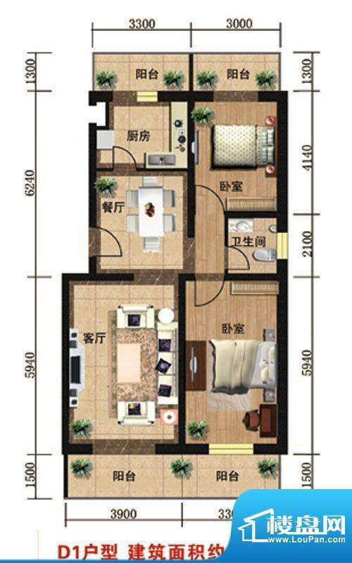 众智慧谷D1户型 2室2厅1卫1厨面积:108.00平米