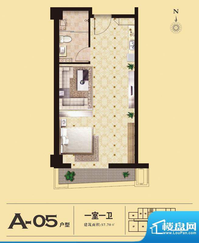 易居国际A-05户型 1室1厅1卫1厨面积:57.70平米