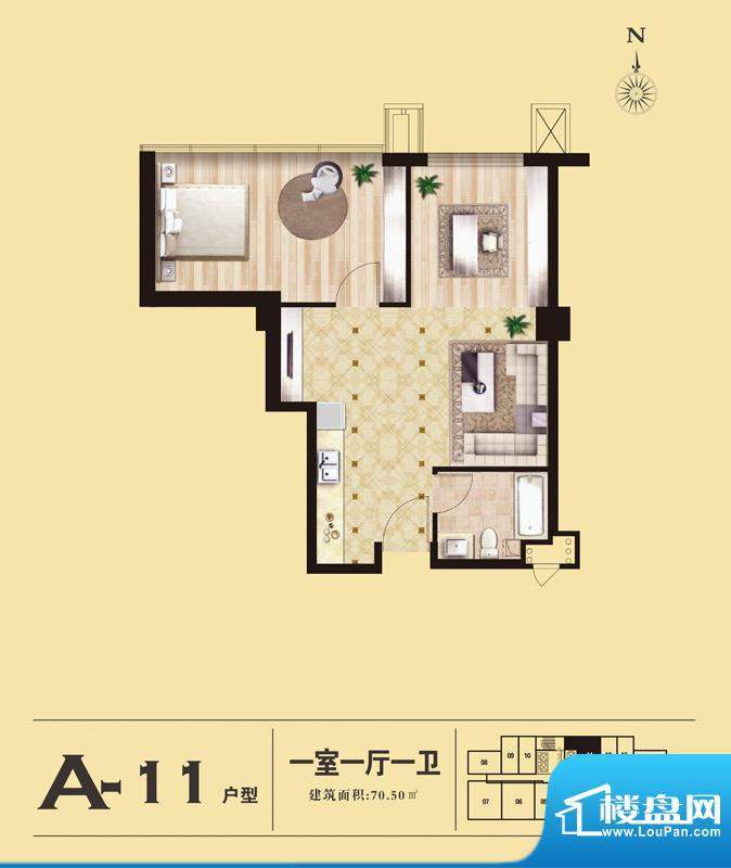 易居国际A-11户型 1室1厅1卫1厨面积:70.50平米
