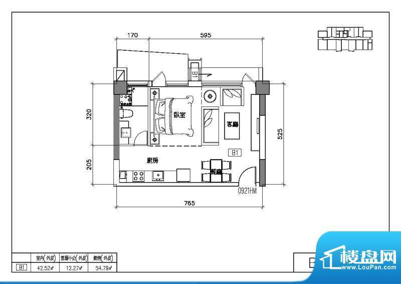 易居国际B1户型图 1室2厅1卫2厨面积:54.79平米