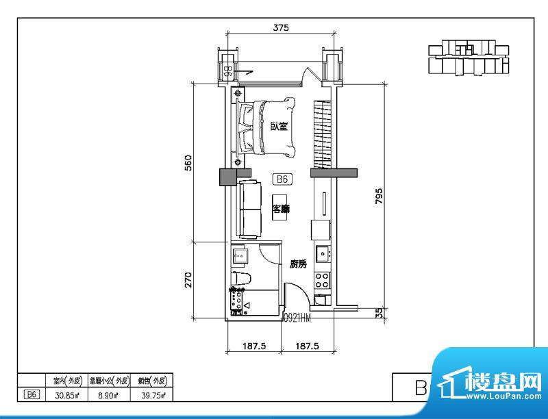 易居国际B6户型图 1室2厅1卫1厨面积:65.89平米