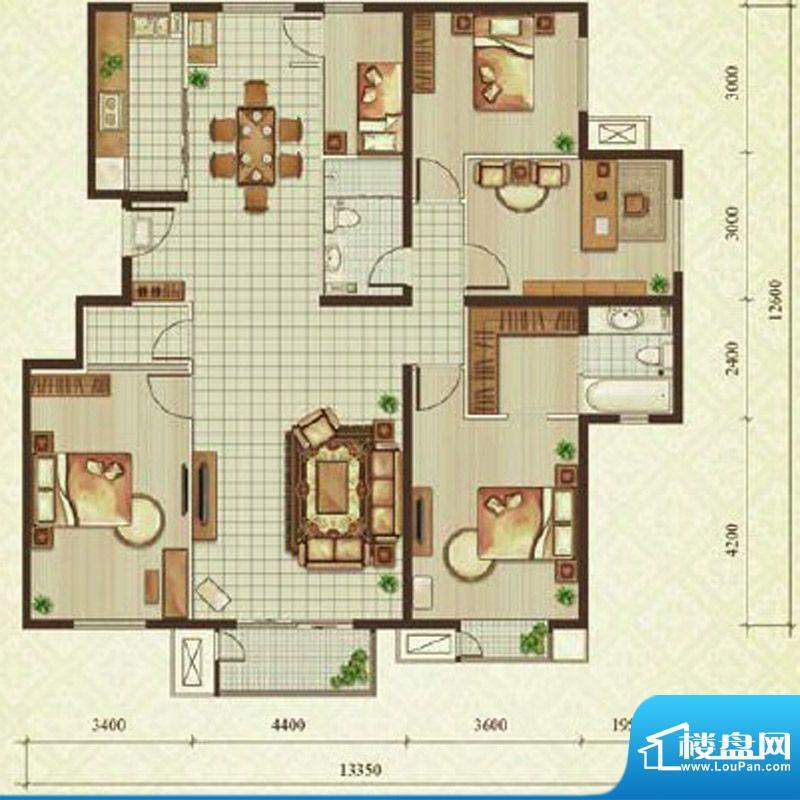 远洋一方D1奢华四居户型图 5室面积:168.00平米