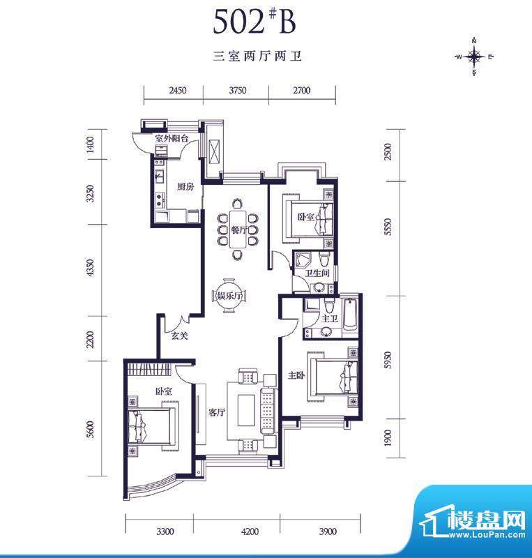 东湖湾502号楼B户型 3室2厅2卫