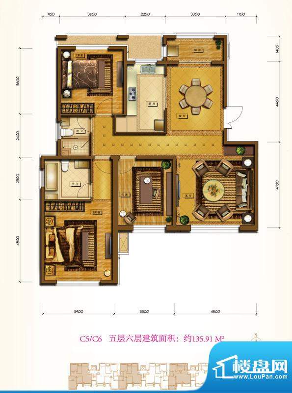 鲁能7号院C5/C6户型 3室2厅2卫面积:135.91平米