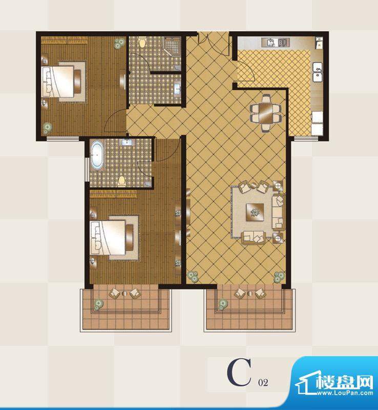 丽都壹号C02户型 2室2厅2卫1厨面积:114.00平米