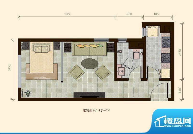 富力又一城开间户型 1室1厅1卫面积:54.00平米
