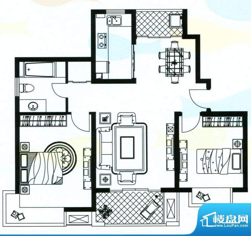 明城海湾新苑B6户型 2室2厅1卫面积:99.40平米