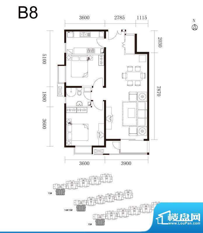 水墨林溪B8户型图 2室2厅1卫1厨面积:88.38平米