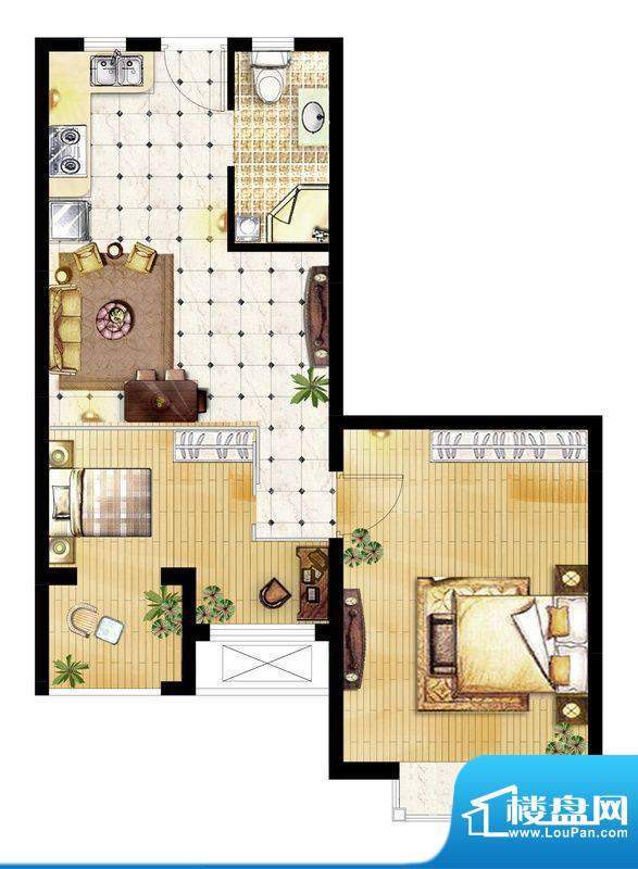 美岸栖庭绿钻户型 2室1厅1卫1厨面积:63.00平米