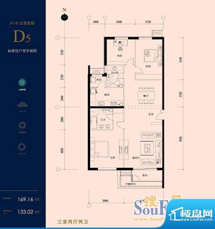北京华侨城D5户型 3室2厅2卫1厨面积:169.16平米