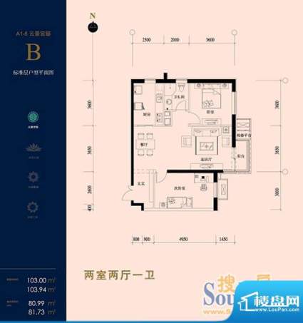 北京华侨城B户型 2室2厅2卫1厨面积:103.00平米