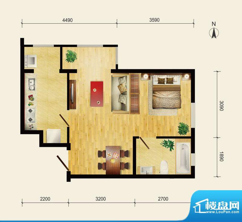 润枫领尚A1户型 1室1厅1卫1厨面积:55.79平米