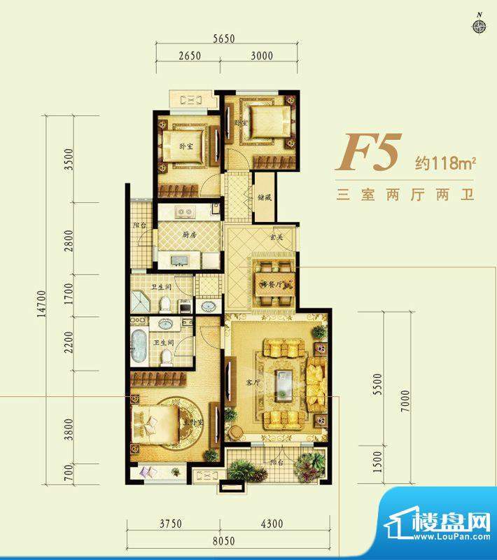 金地仰山f5户型图 3室2厅2卫1厨面积:118.00平米