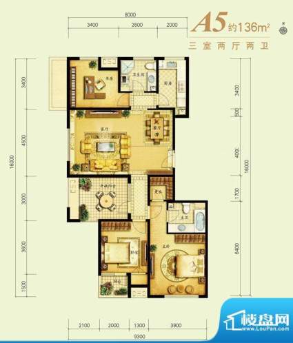 金地仰山户型图-A5H正面 3室2厅面积:136.00平米