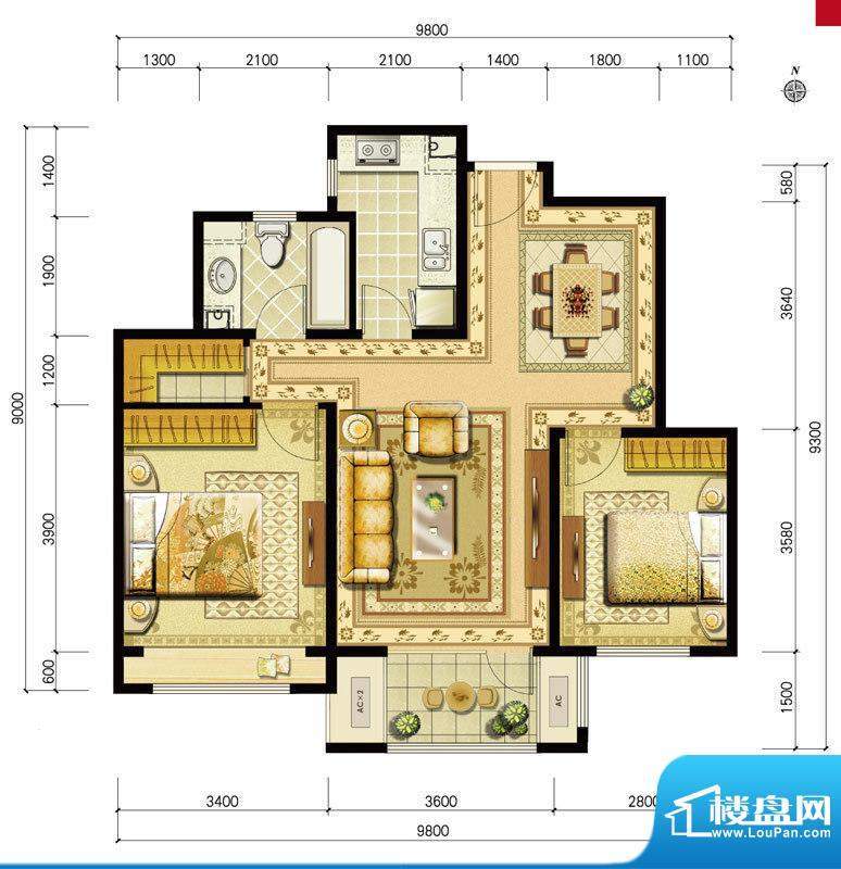 金地仰山西区B2户型 2室2厅1卫面积:91.00平米