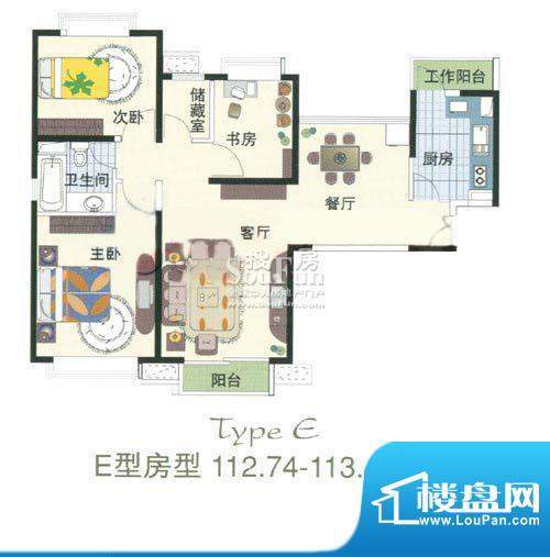逸流公寓二期E户型 3室2厅1卫面积:112.00平米