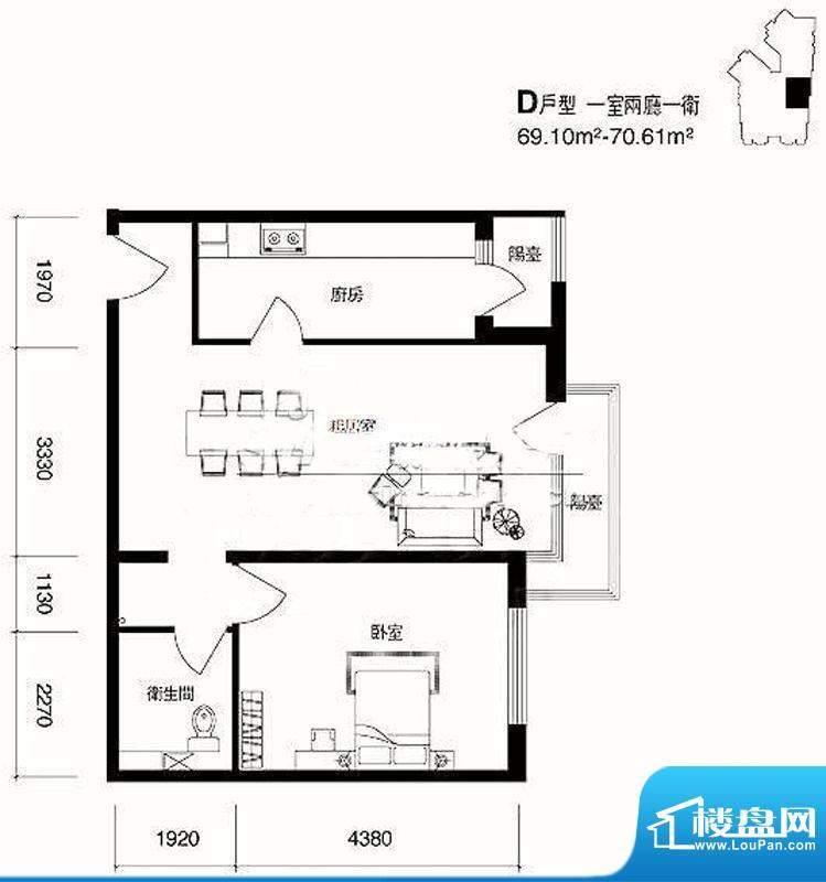 cago寓所D户型图 1室2厅1卫1厨面积:69.10平米