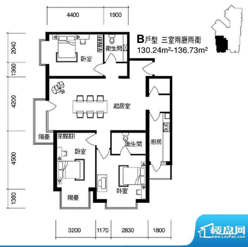 cago寓所B户型图 3室2厅2卫1厨面积:130.24平米
