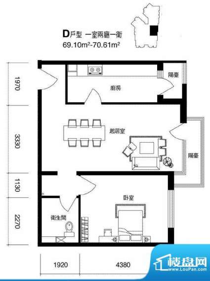 cago寓所D户型图 1室2厅1卫1厨面积:69.10平米
