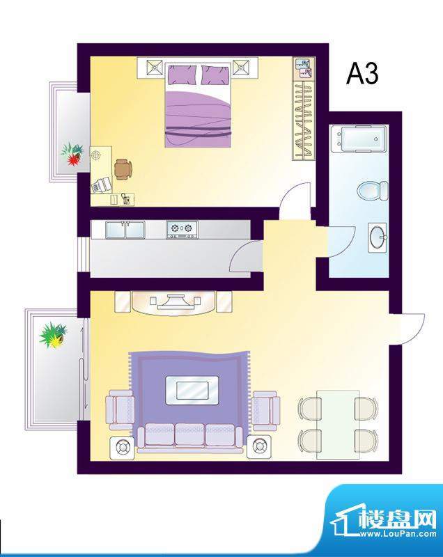 cago寓所A3户型图 1室2厅1卫1厨面积:87.14平米