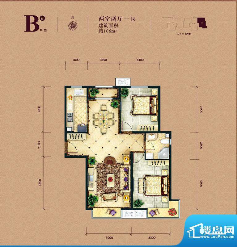 东亚马赛公馆B6户型 2室2厅1卫面积:106.00平米