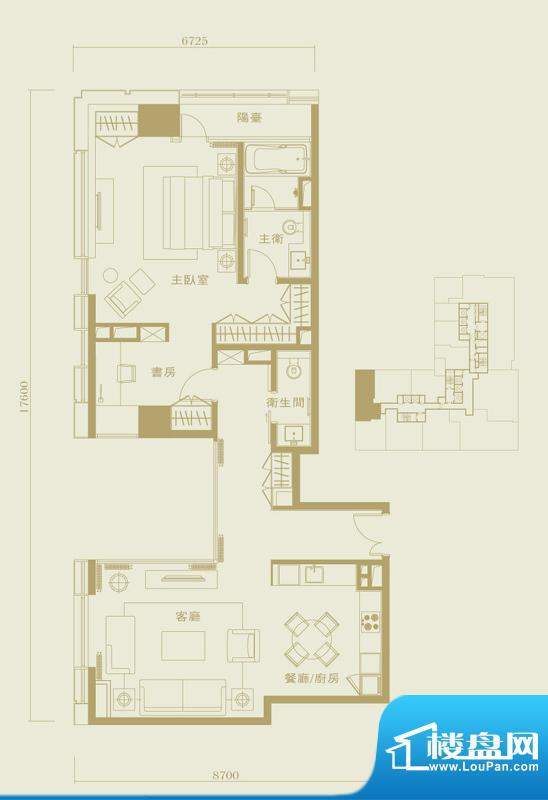 长安太和A3户型 1室2厅1卫1厨面积:130.00平米