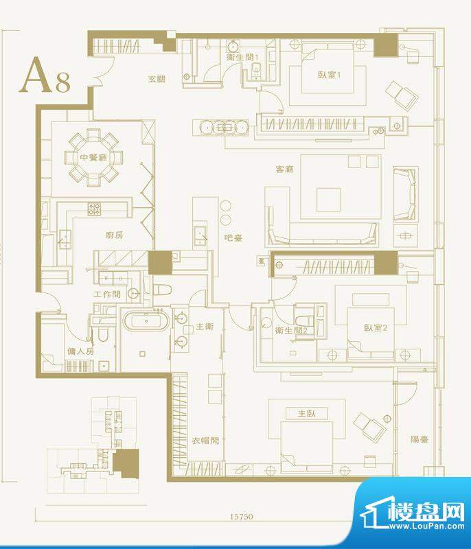长安太和A8户型 3室2厅3卫1厨面积:300.00平米