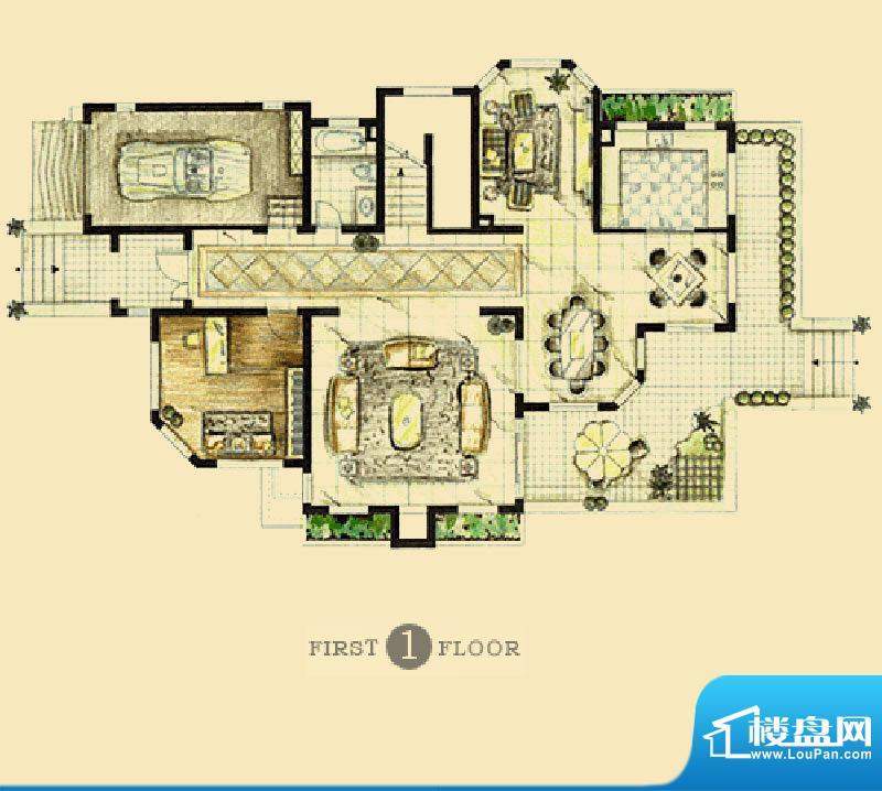 佘山银湖别墅I户型地上一层 5室面积:343.85平米