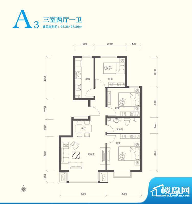 翠林漫步A3户型图 3室2厅1卫1厨面积:95.00平米