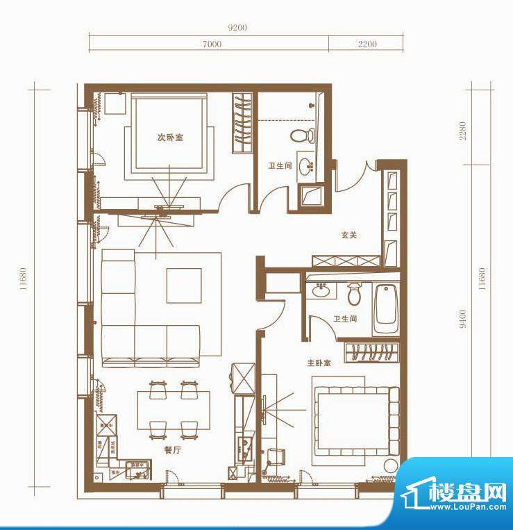 北京ONE1/3号楼D户型 2室2厅2卫面积:132.11平米