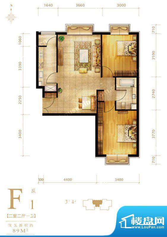 第三区·观邸F1反户型图 2室2厅面积:89.00平米