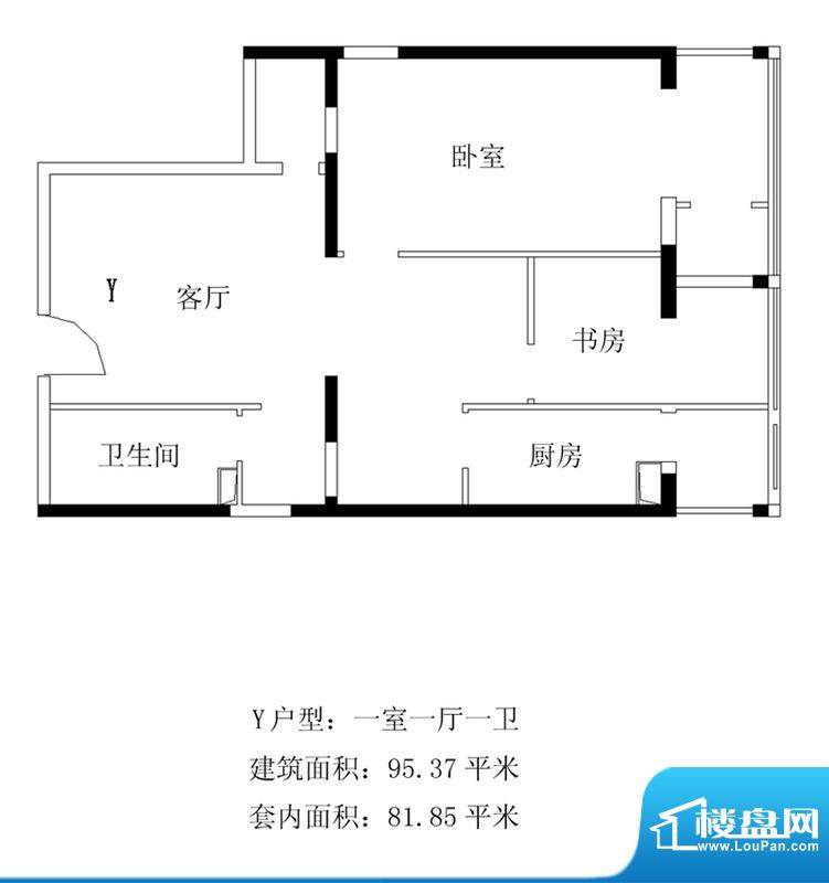 铂晶豪庭Y户型 1室1厅1卫1厨面积:95.37平米