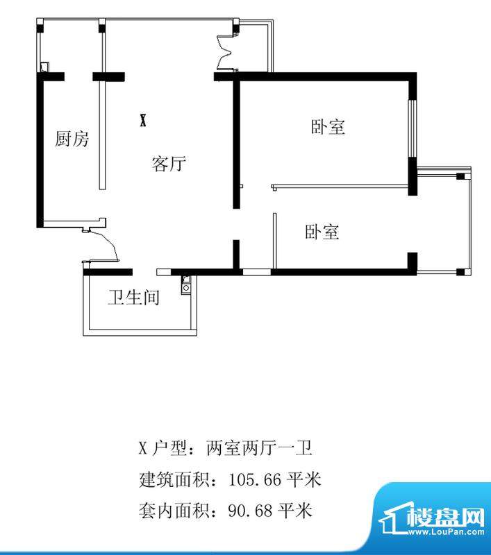 铂晶豪庭X户型 2室2厅1卫1厨面积:105.66平米
