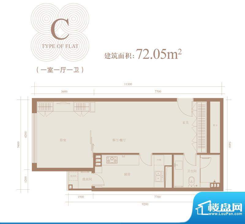 三元国际公寓C户型 1室1厅1卫1面积:72.05平米