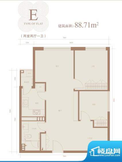 三元国际公寓E户型 2室2厅1卫1面积:88.71平米