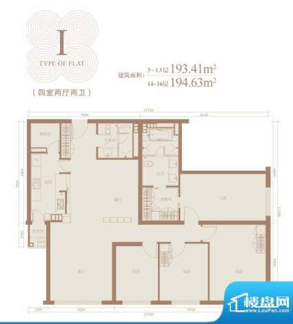 三元国际公寓I户型 4室2厅2卫1面积:194.63平米