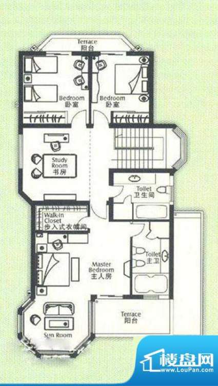 绿宝园A户型二楼 3室2厅3卫面积:300.00平米