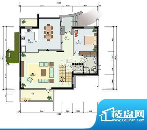 澳景园B户型首层 1室2厅1卫1厨面积:134.92平米